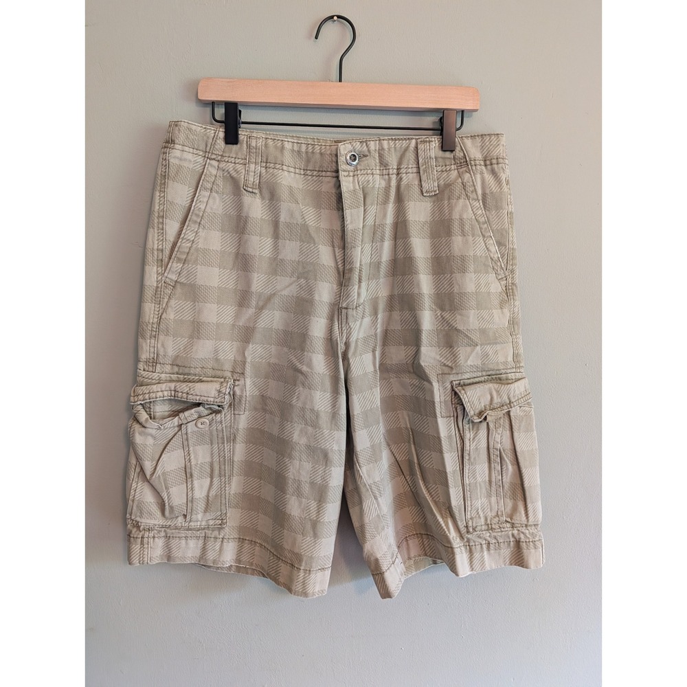 Vintage Y2K Iron Cargo Shorts Tan Skater Checkered Baggy Size 33 Utility Outdoor
